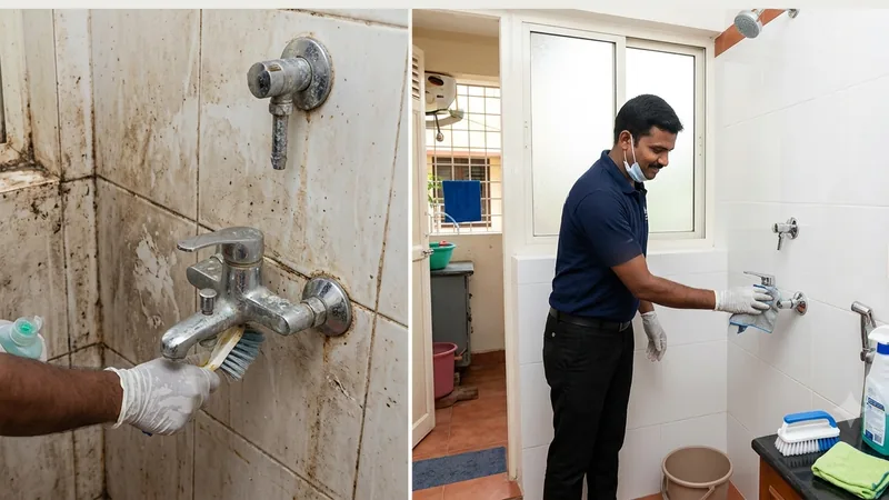 Bathroom tap and tiles before and after hard-water deep cleaning