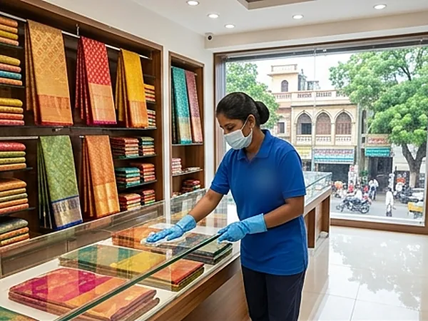 Commercial cleaning of a saree showroom counter in Chennai