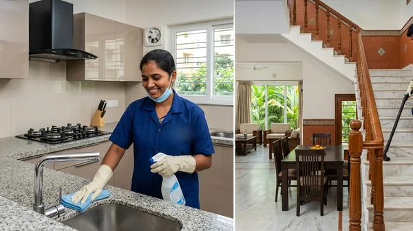 Cleaning professionals deep cleaning a kitchen and staircase in a Chennai home