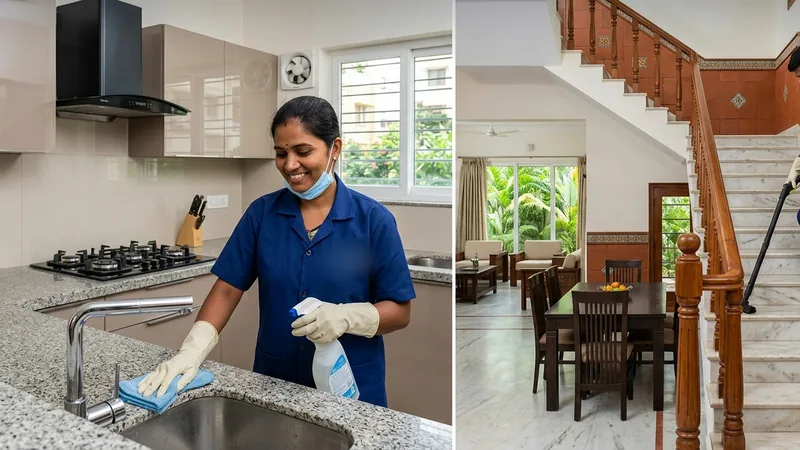 Cleaning professionals deep cleaning a kitchen and staircase in a Chennai home