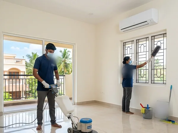 Hygiene cleaning professionals deep cleaning floors and windows in a Chennai home