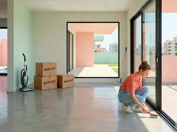 Move-in cleaning of an empty apartment with moving boxes in Chennai